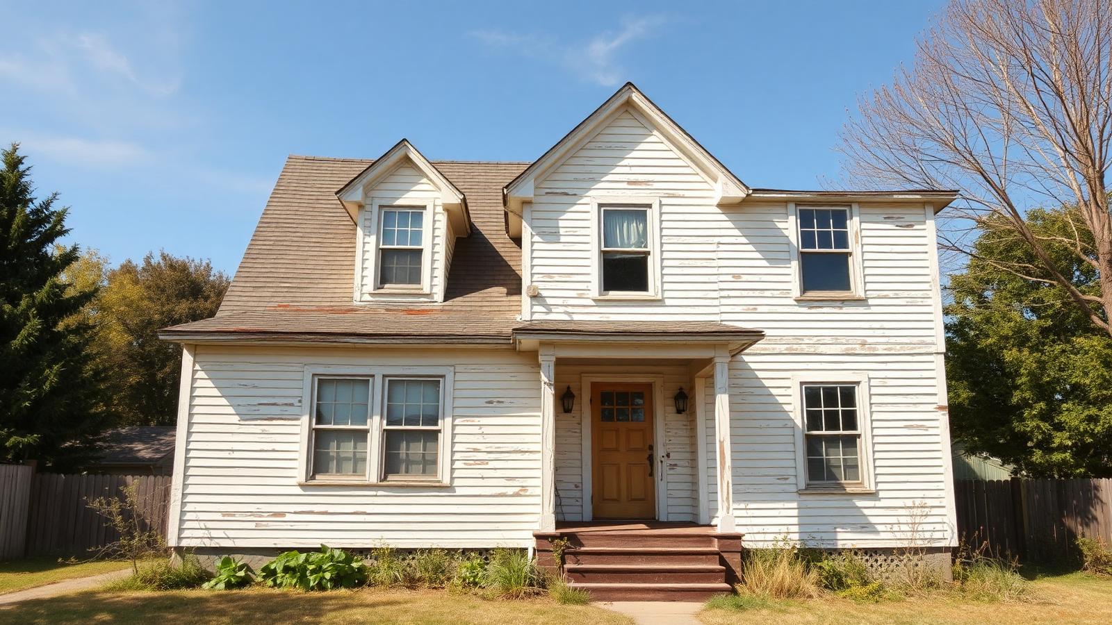 Dated two-story American home with peeling paint and worn siding, an example of a house being sold as-is
