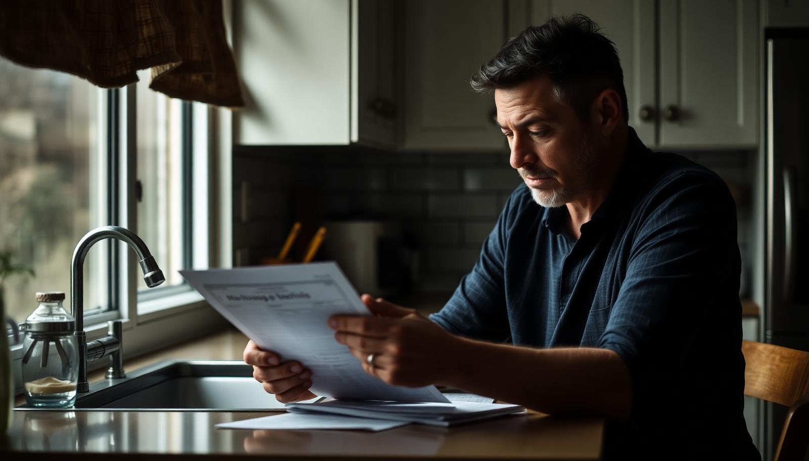 Homeowner reviewing overdue mortgage statements at a kitchen counter in dim morning light