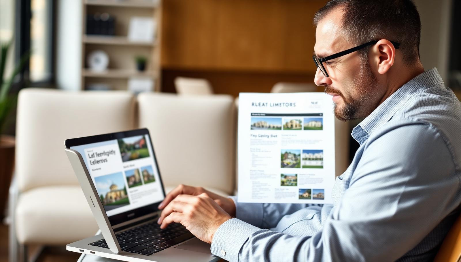 Real estate investor at a laptop reviewing an emailed off-market property deal sheet alongside printed listings