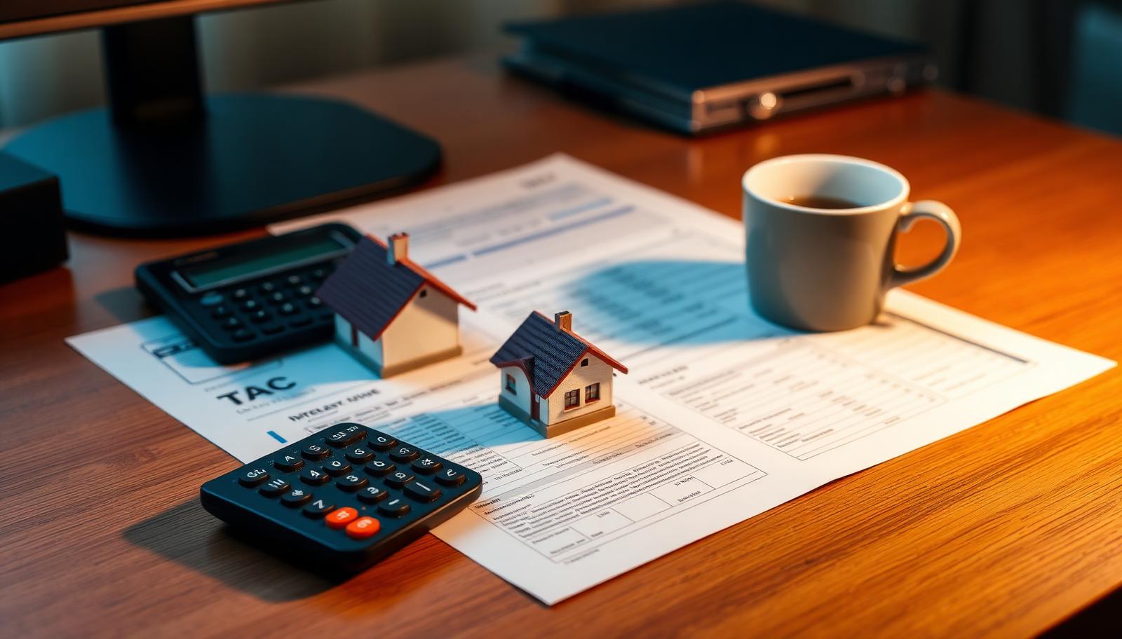 Tax forms, a calculator, and small model houses arranged on a desk while calculating capital gains on a home sale