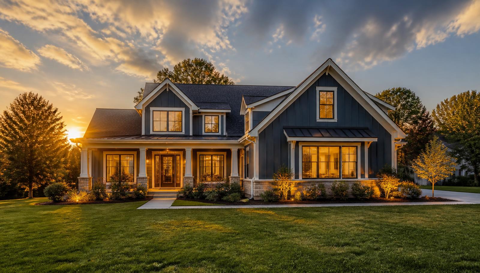 Navy and white American suburban house at golden hour, representing a homeowner weighing a cash offer against listing with an agent