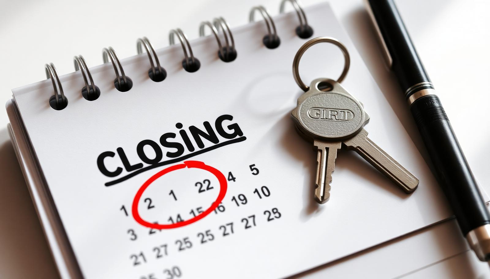 Desk calendar with a closing date circled in red beside a set of house keys and a pen