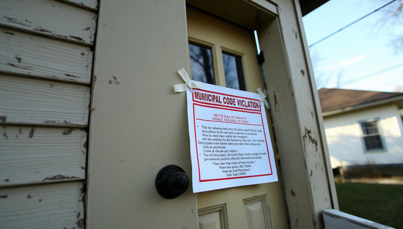 Municipal code violation notice taped to the front door of an older house with peeling paint