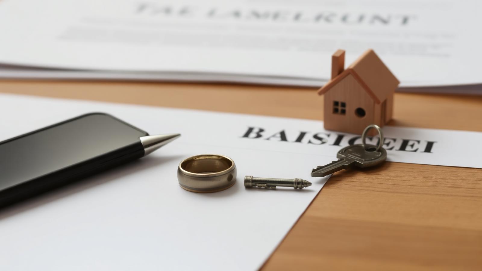 Wedding ring and house keys resting on legal separation documents, representing selling a home during a divorce