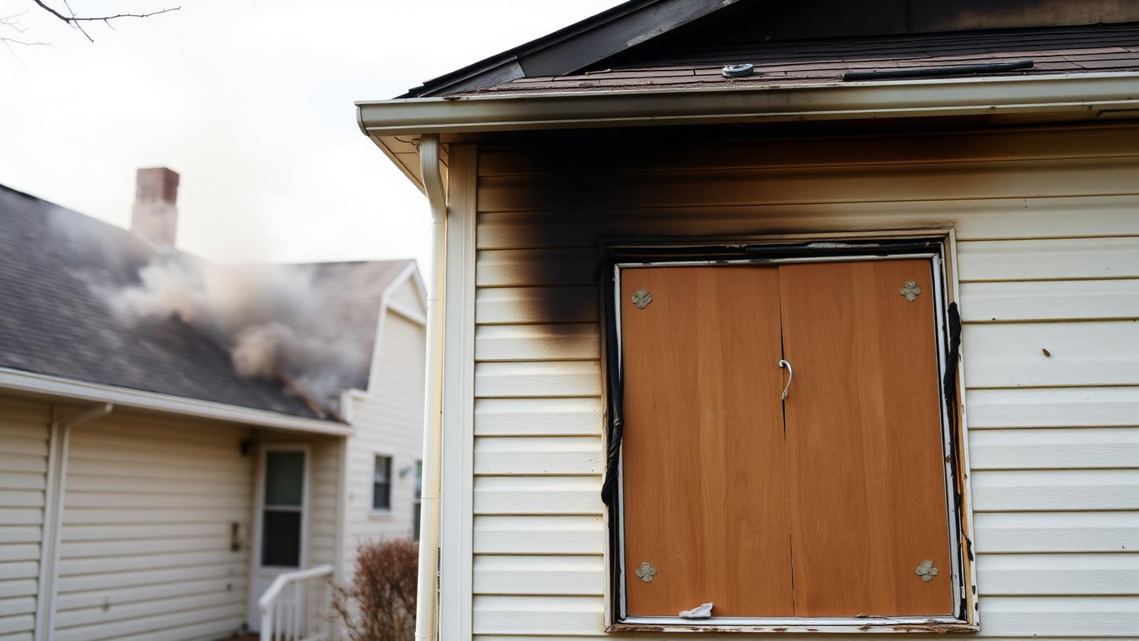 Exterior of a house with charred siding and a boarded-up window after a fire, illustrating a fire damaged home for sale