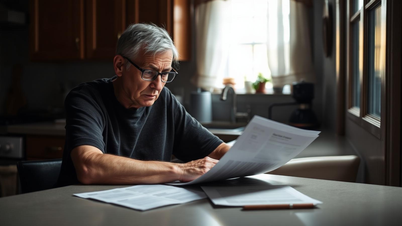 Homeowner reading lender notices at a kitchen counter while weighing options to stop a foreclosure