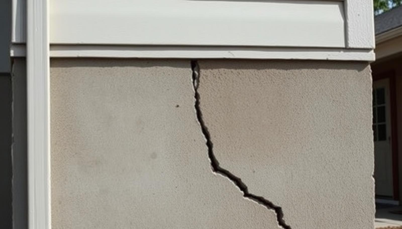 Large stair-step crack running down the exterior concrete foundation wall of a house in daylight
