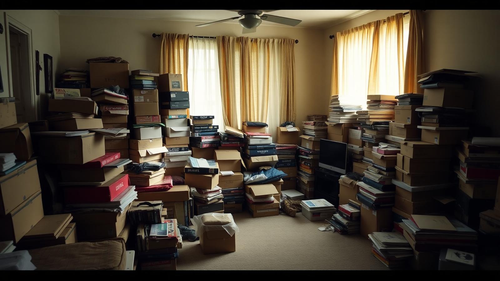 Living room filled floor to ceiling with stacked boxes, books, and belongings in a hoarder house being prepared for sale