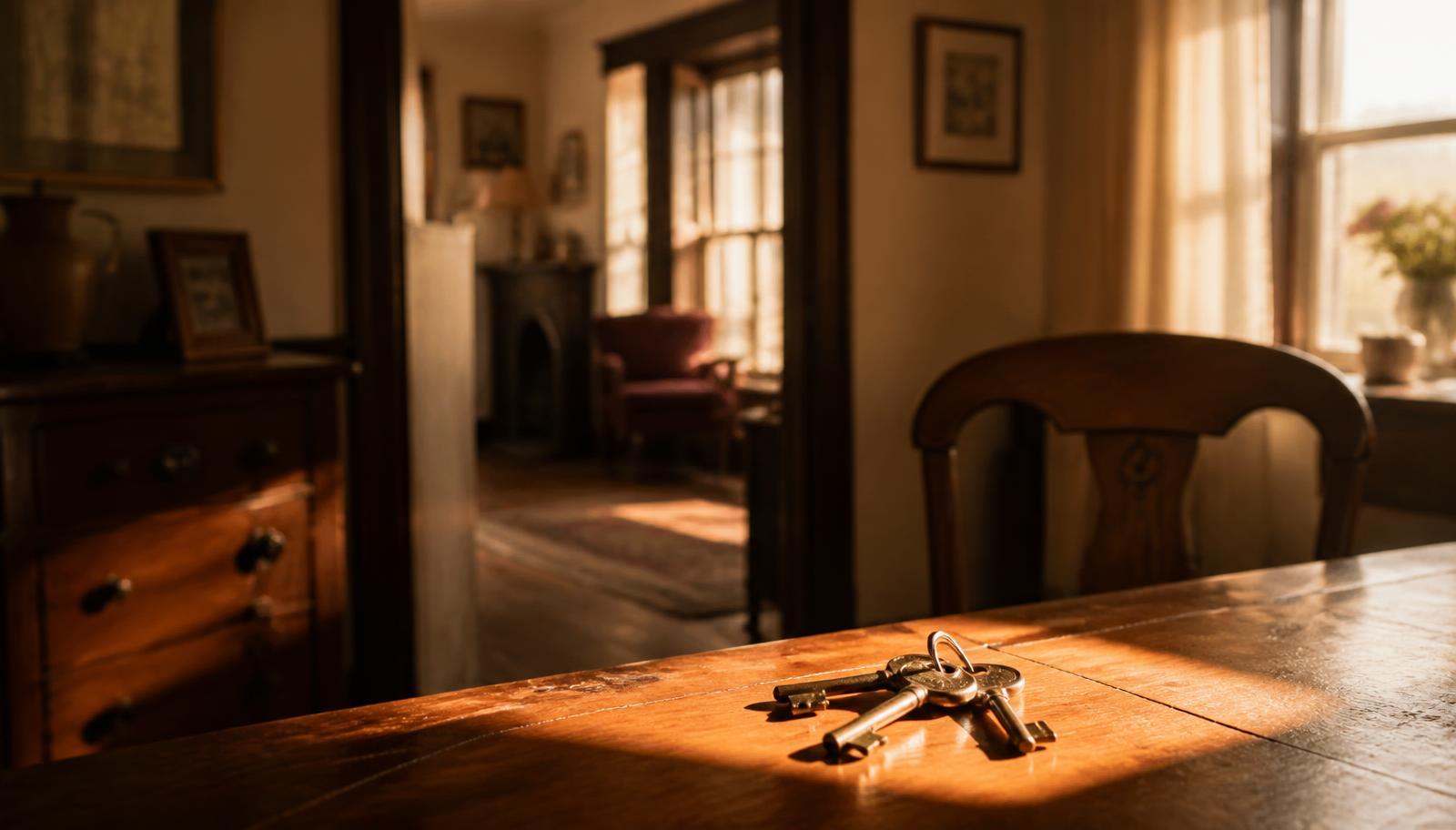 Sunlit dining room of an older inherited family home with a set of antique house keys resting on a wooden table
