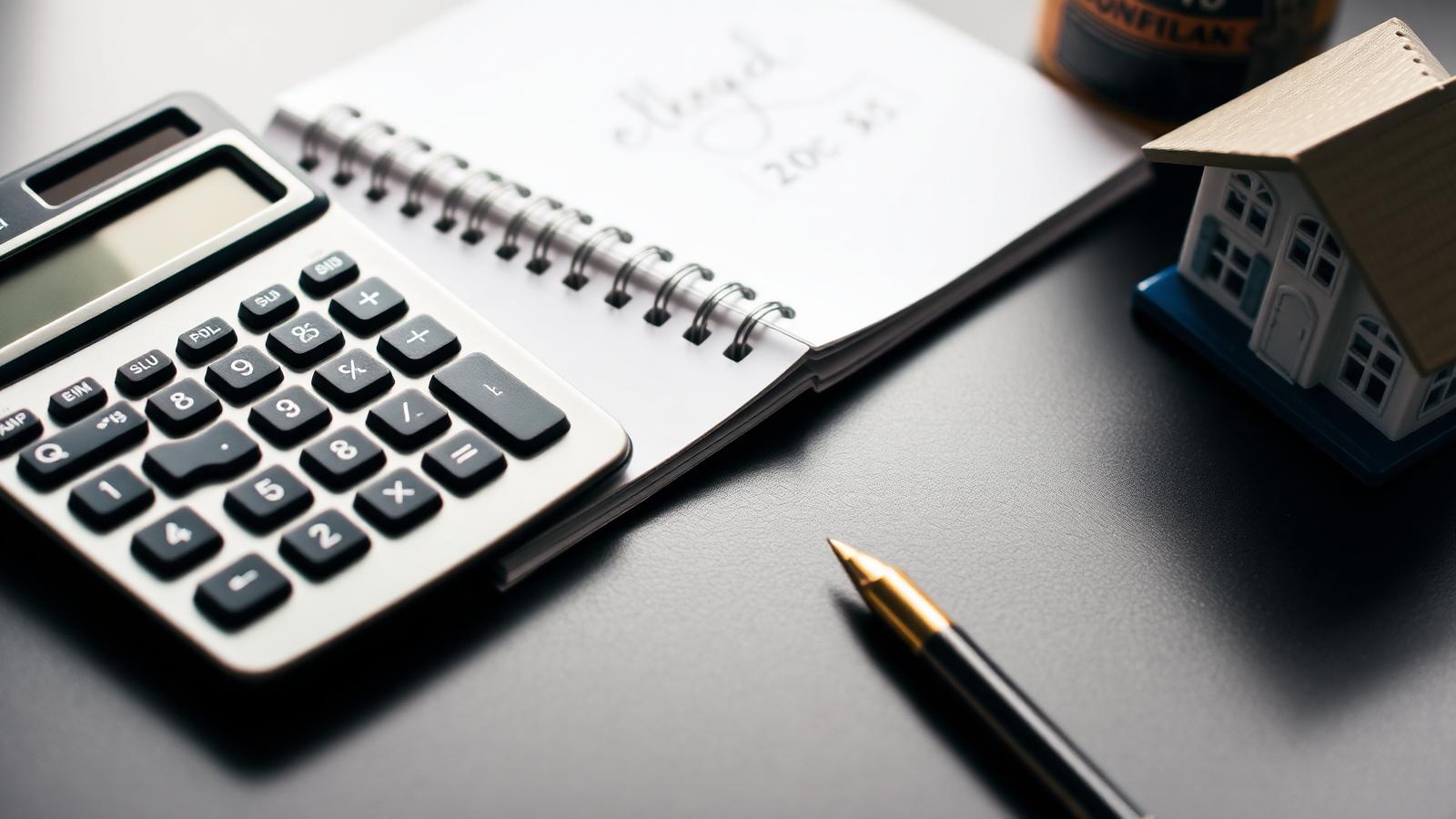 Calculator, notepad of figures, and a small model house on a desk representing how investors calculate a cash offer