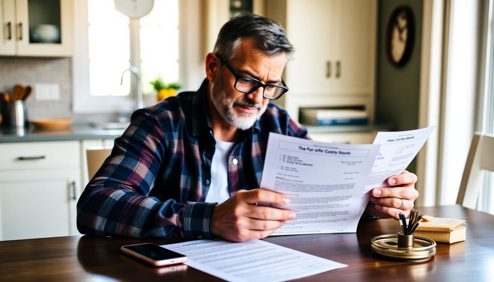 Homeowner at a kitchen table comparing two printed cash offer letters from we-buy-houses companies