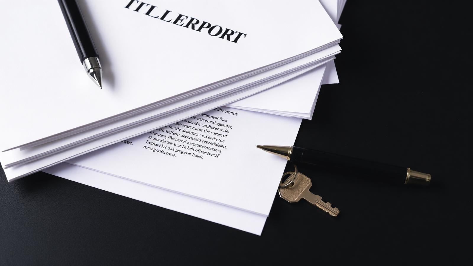 Stack of title report documents with a pen and house key, representing clearing liens before a property sale