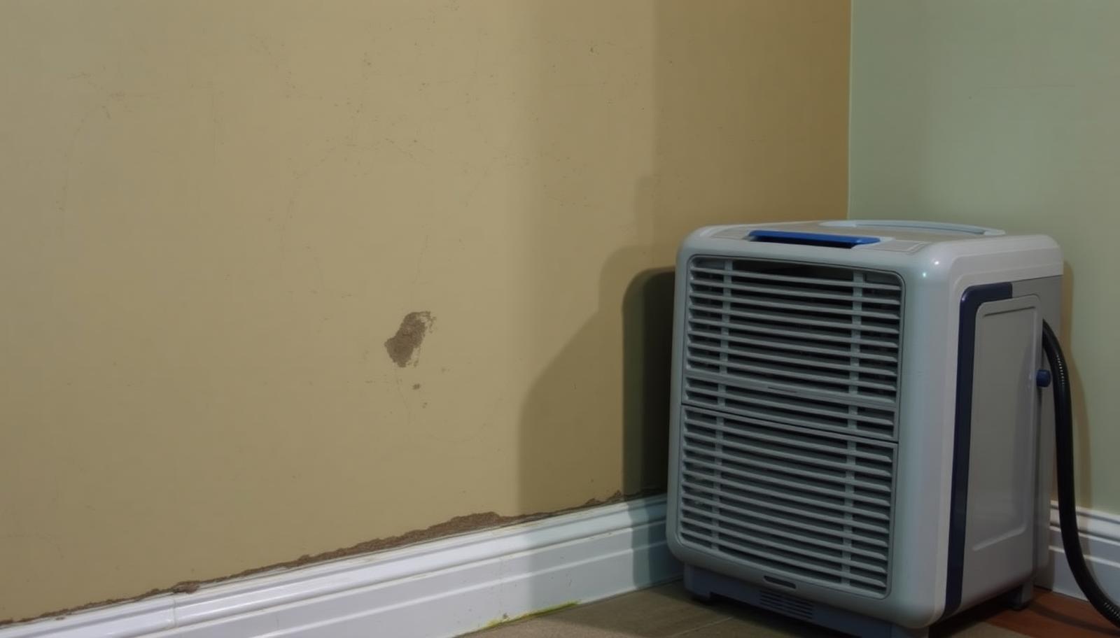 Basement wall showing water staining and mold spotting along the baseboard with a dehumidifier running nearby