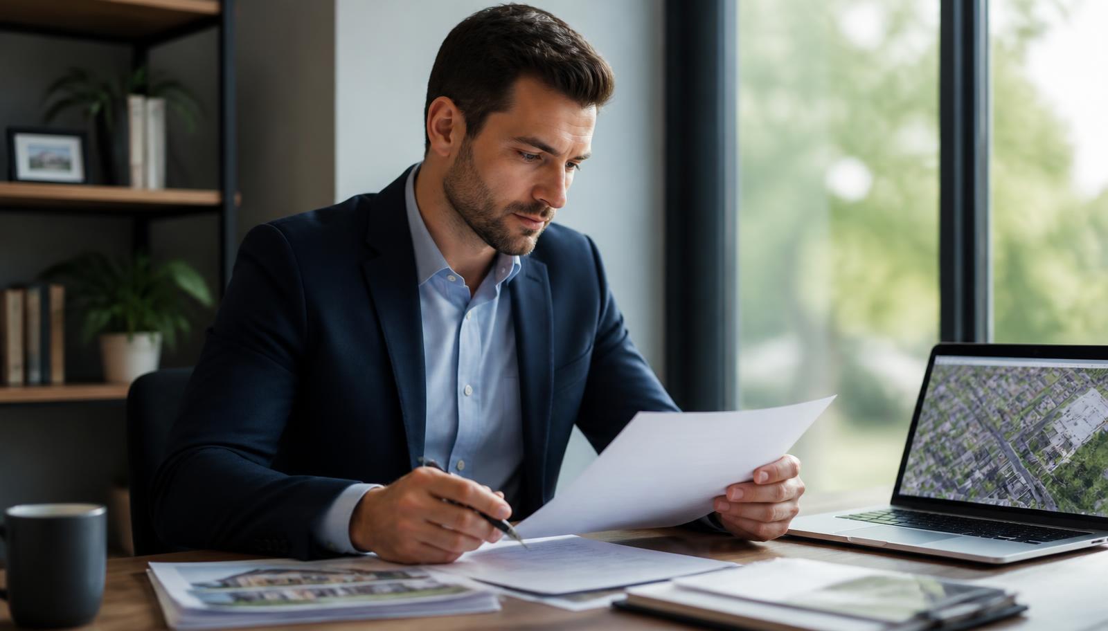 Real estate investor reviewing property documents beside a laptop showing a neighborhood map while sourcing off-market deals