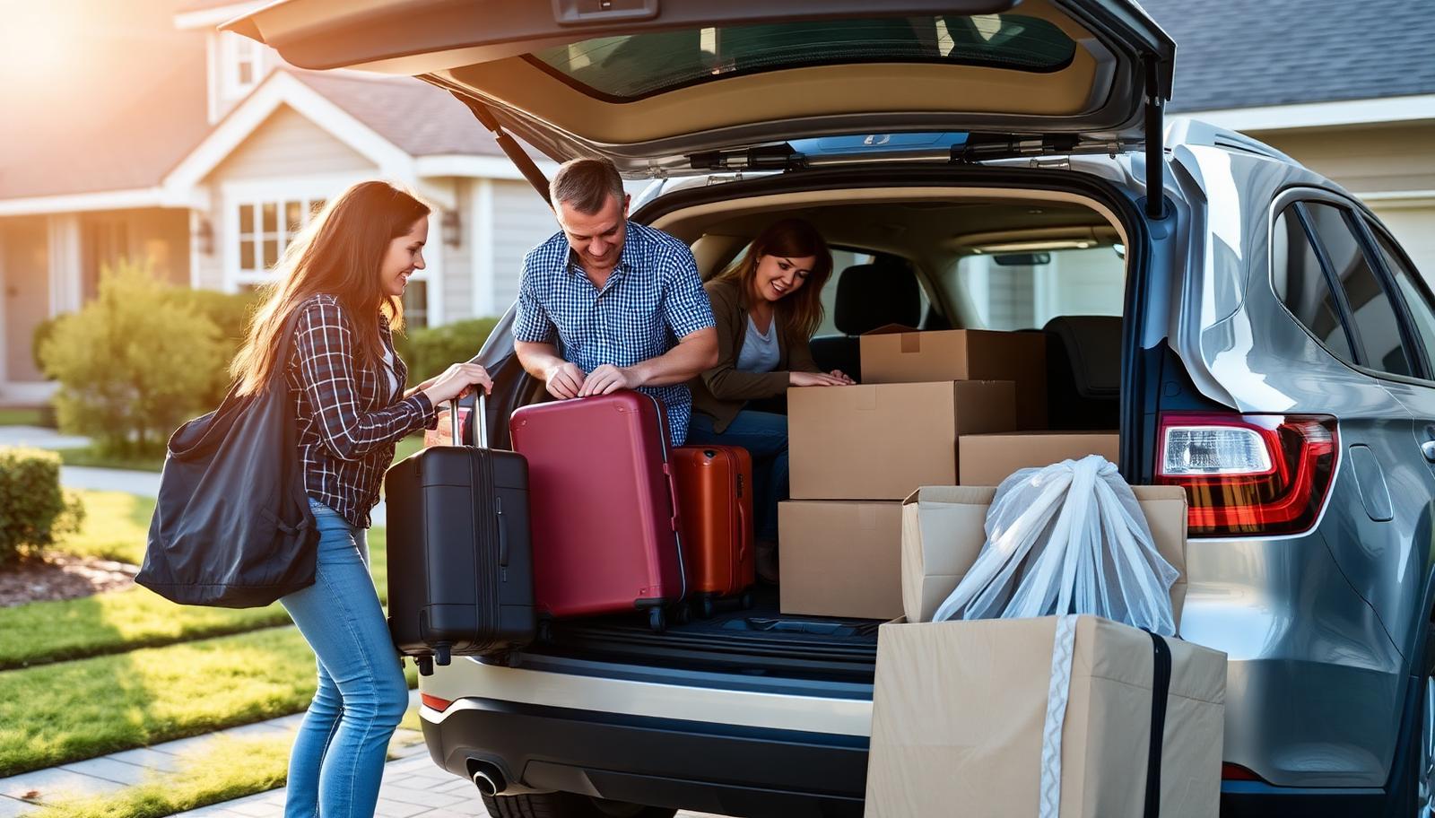 Family loading suitcases and moving boxes into an SUV in a suburban driveway before a job relocation