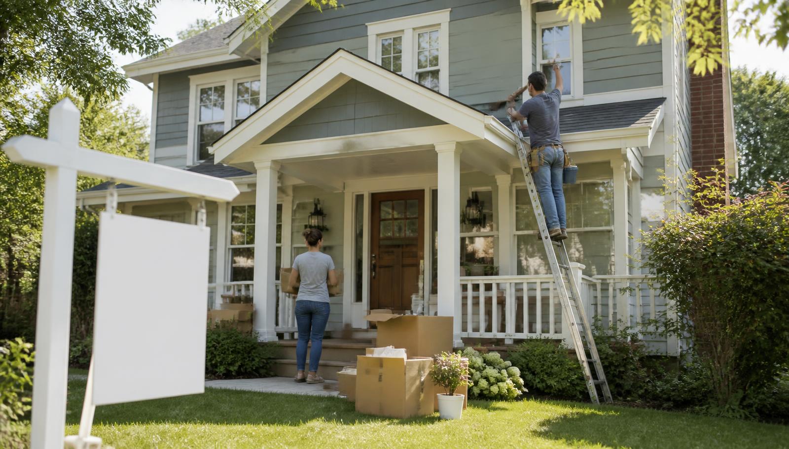Couple carrying moving boxes onto the porch of a craftsman home while a contractor works on the exterior before a fast sale
