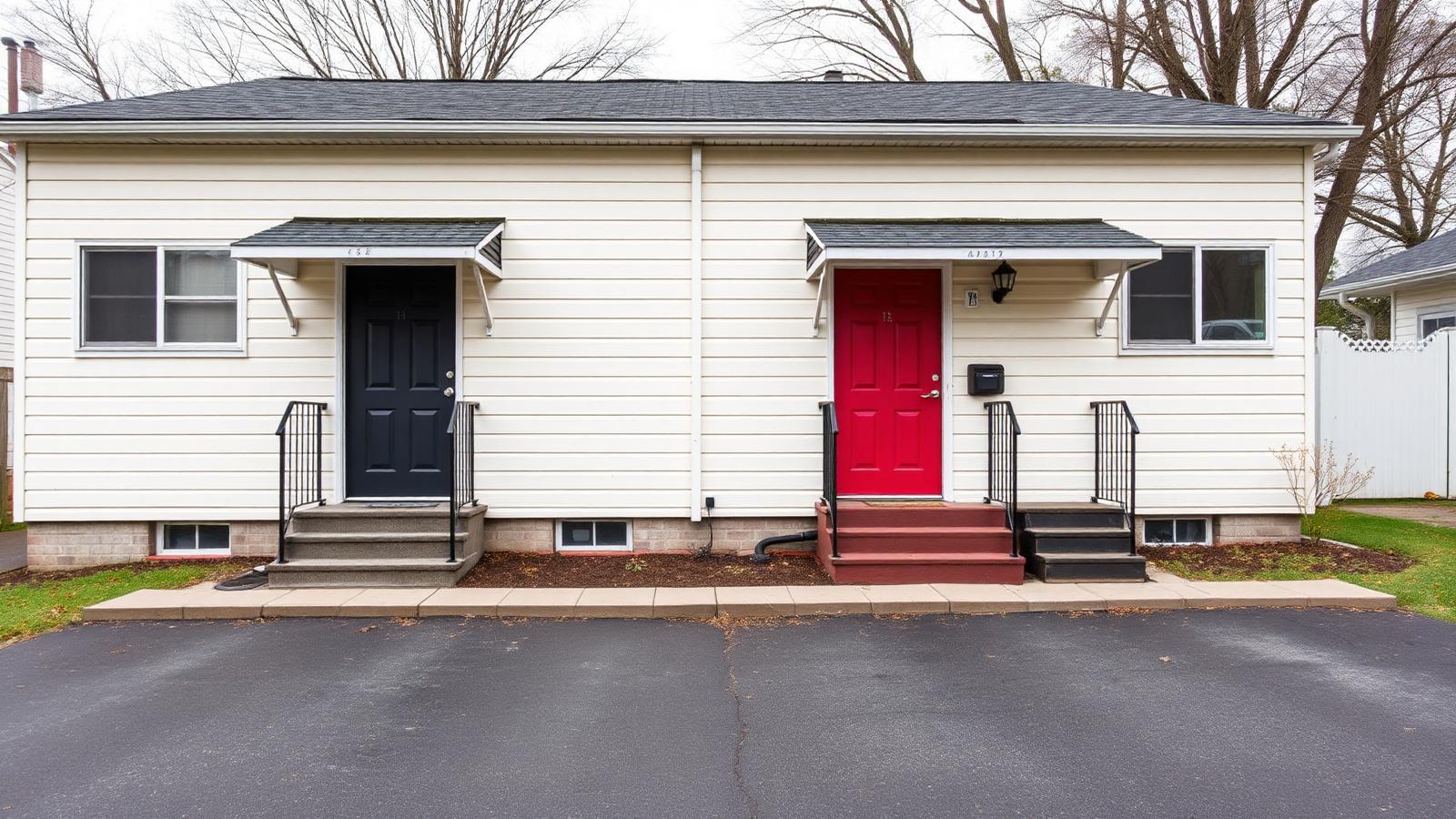 Small tenant-occupied duplex with two front doors and a shared driveway being sold as an investment property
