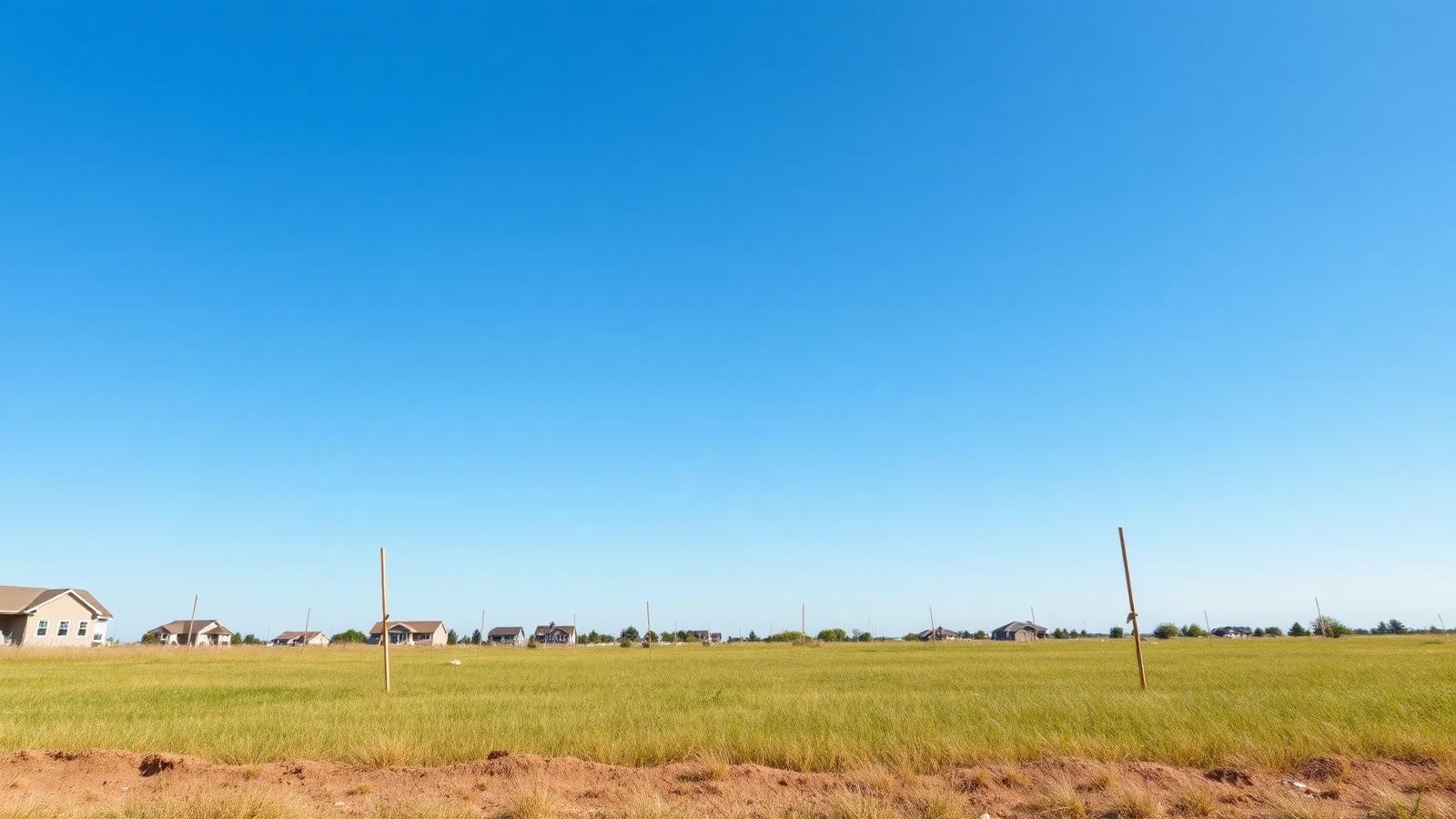 Open grassy vacant lot with survey stakes at the edge of a residential subdivision, listed for a fast land sale
