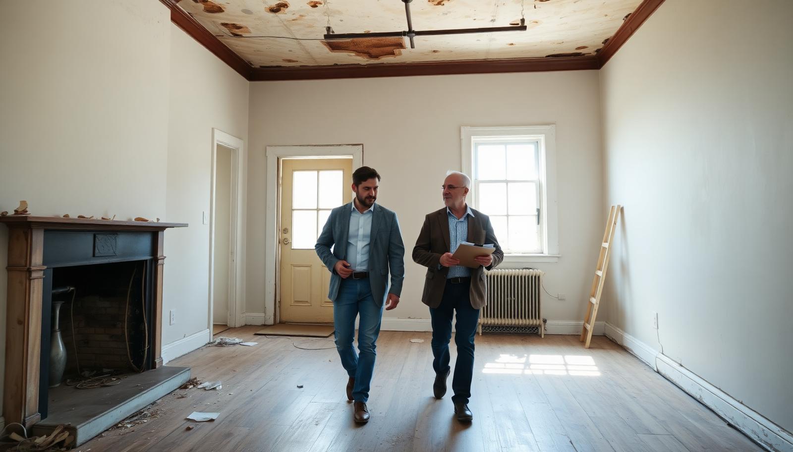 Two investors walking through a vacant fixer-upper house with a clipboard while inspecting its condition