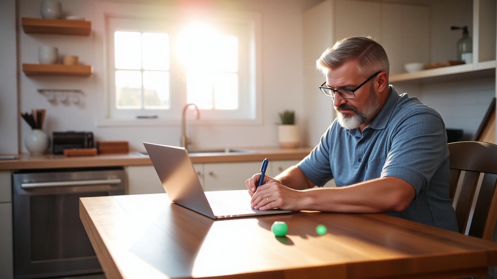 Homeowner reviewing sale paperwork at a kitchen table with a laptop while selling a house without a realtor