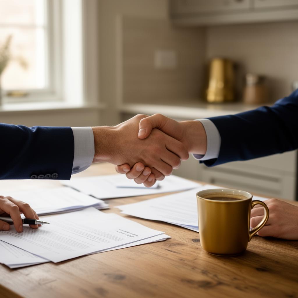A handshake across a kitchen table after agreeing on terms