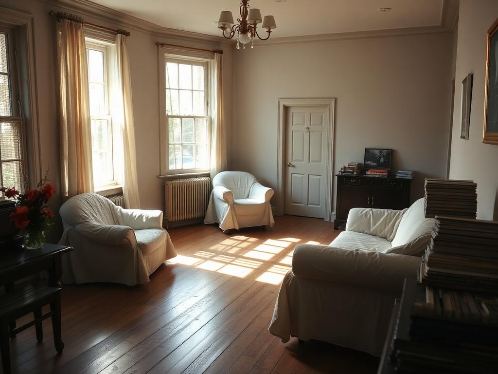 Sunlit inherited family home interior with covered furniture