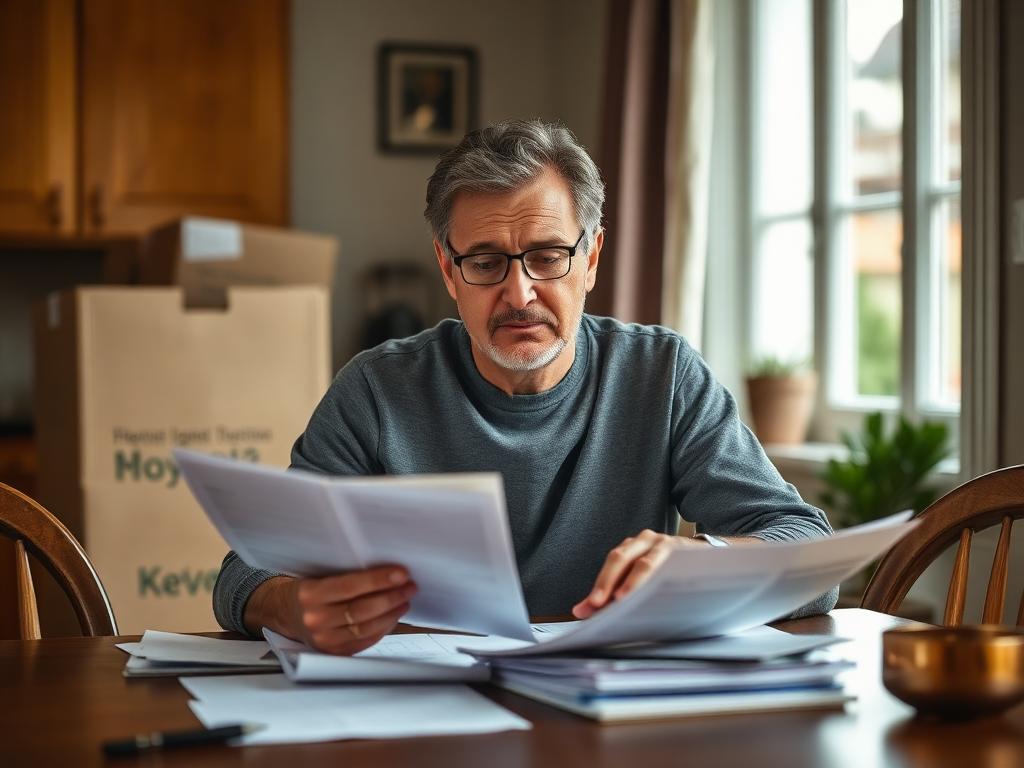 Homeowner reviewing paperwork at the kitchen table with moving boxes nearby